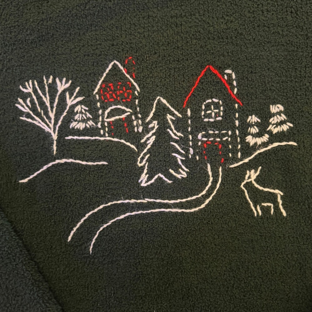 Christopher & Banks Sweater Women XL Green Hand Embroidered Winter Scene Village - Picture 3 of 8